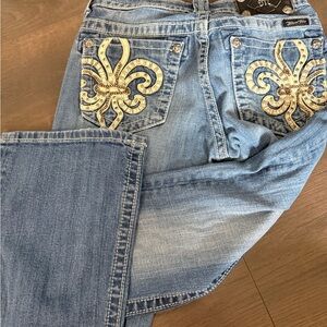 Miss Me Light Blue Boot Cut Jeans with Gold Embellishments